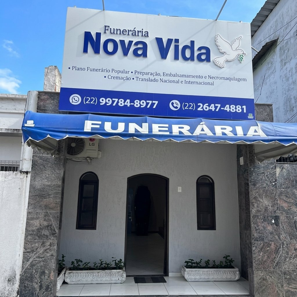 Fachada da Funerária Nova Vida em Cabo Frio — estrutura moderna, limpa e acolhedora